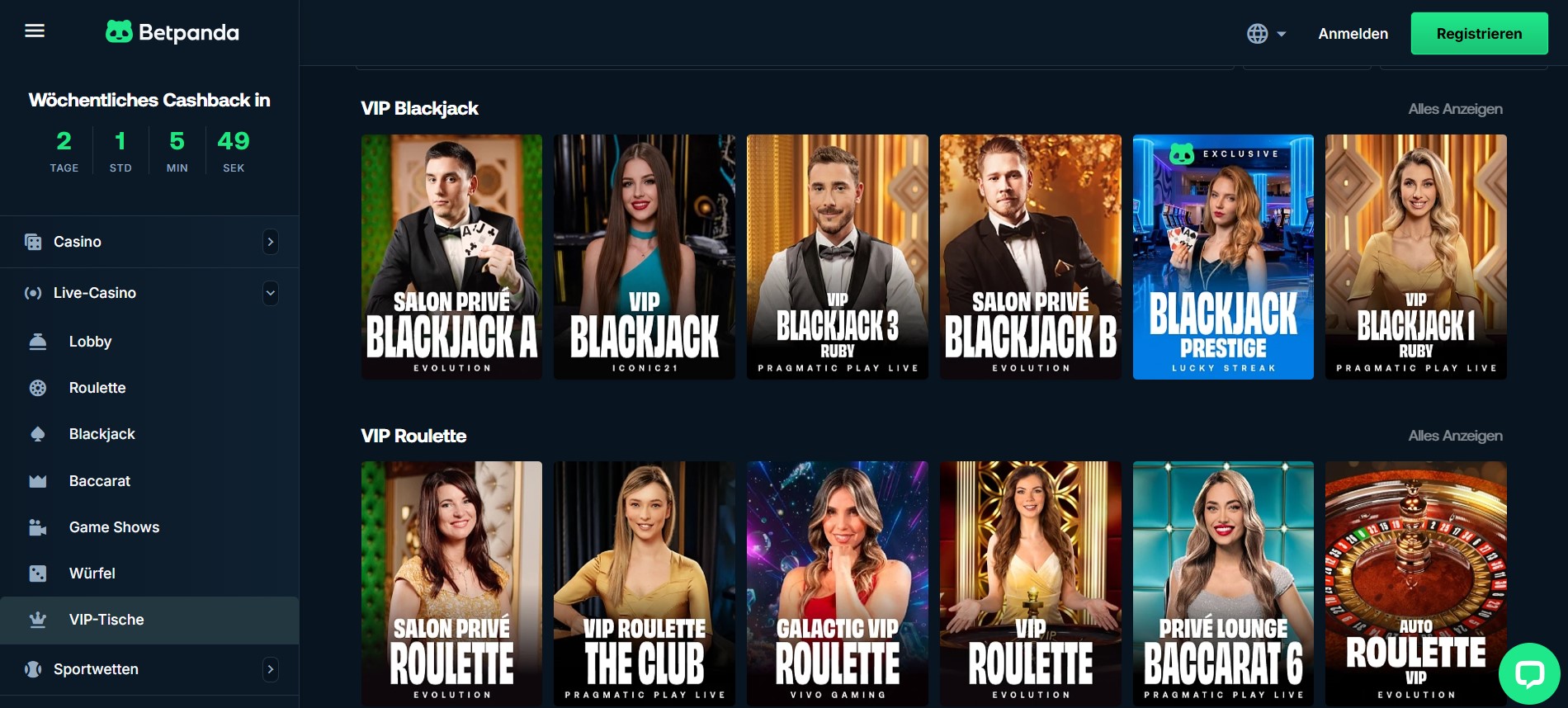 Dunkel gestaltete Startseite der Betpanda-Plattform mit grünen Akzenten, VIP Blackjack- und VIP Roulette-Angeboten, Countdown für Cashback und klarer Navigation. Das Design hebt exklusive Live-Casino-Erlebnisse hervor und betont die moderne Verbindung von Krypto Casinos mit seriösem Glücksspiel.