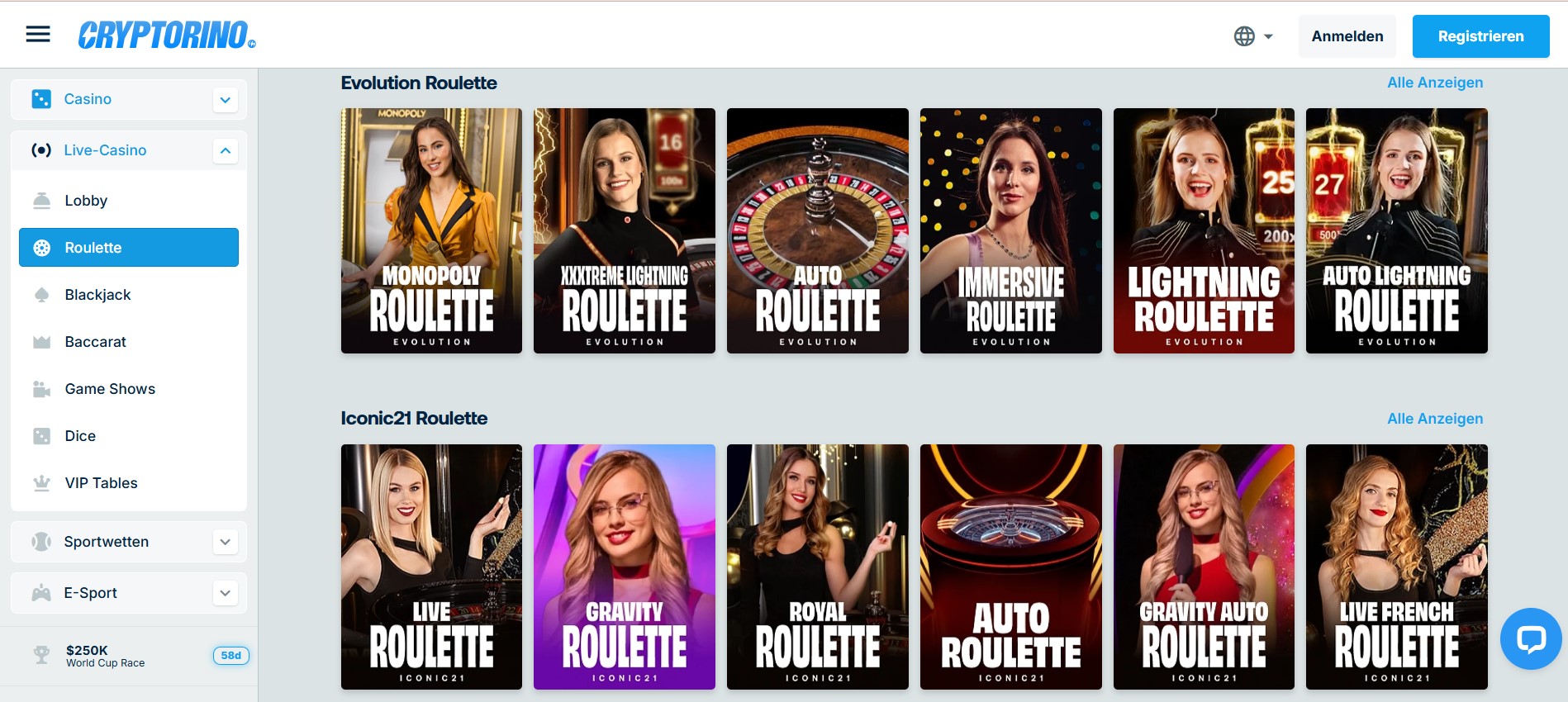 Moderne Online-Casino-Plattform mit CRYPTORINO-Interface, das eine große Auswahl an Live-Roulette-Spielen wie Evolution Roulette und Iconic21 Roulette zeigt. Die Gestaltung hebt exklusive Angebote, klare Navigation und die Verbindung zu Krypto Casinos hervor.