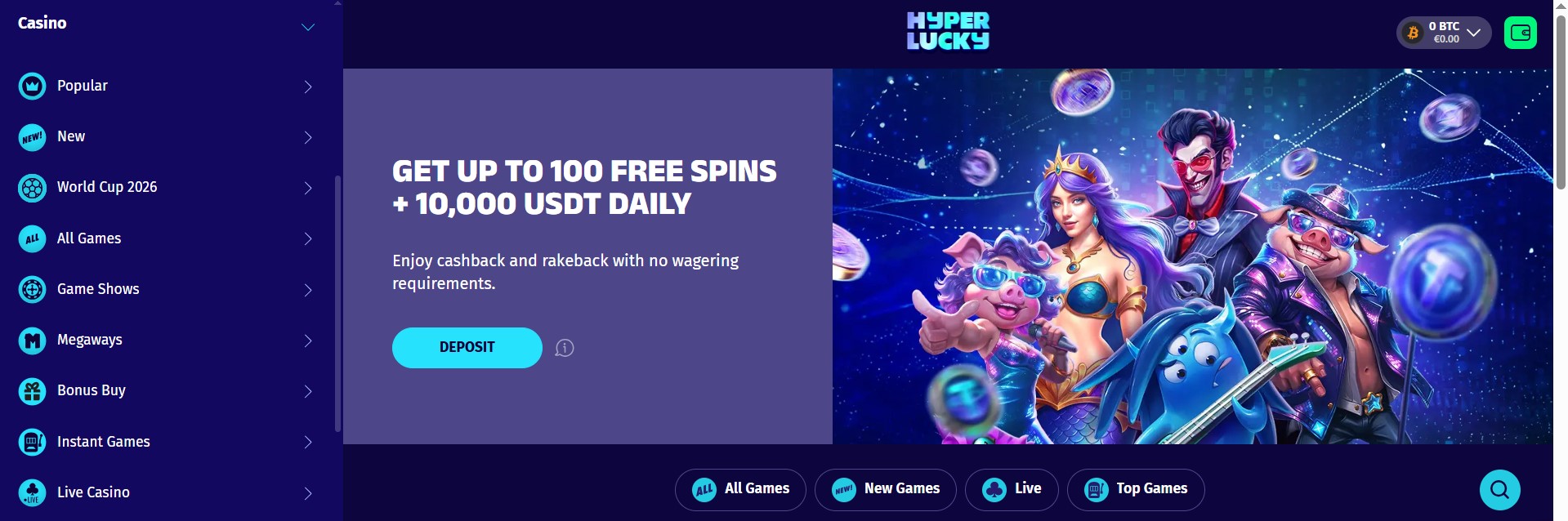 Startseite der Hyper Lucky Plattform mit dunklem blau-violettem Design, auffälligem Bonusbanner für Free Spins und USDT, animierten Figuren wie Vampir und Meerjungfrau sowie klarer Navigation für Slots, Live Casino und Game Shows. Das Bild betont moderne Angebote und die Verbindung zu Krypto Casinos.