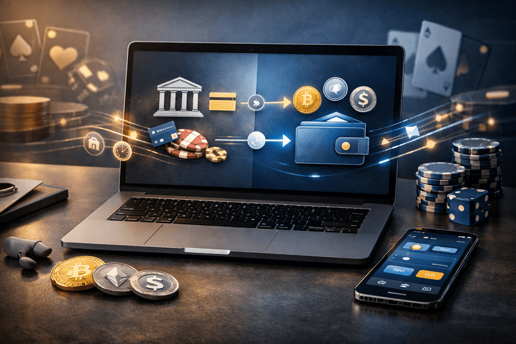 Modernes SEO-Hero-Bild zu Krypto Casinos im Vergleich mit klassischem Online Casino, Laptop und Smartphone auf einem stilvollen Schreibtisch, digitale Wallet-Icons, Bitcoin-, Ethereum- und Stablecoin-Symbole, dezente Casino-Elemente im Hintergrund, klare Tiefenschärfe und seriöser Editorial-Look.