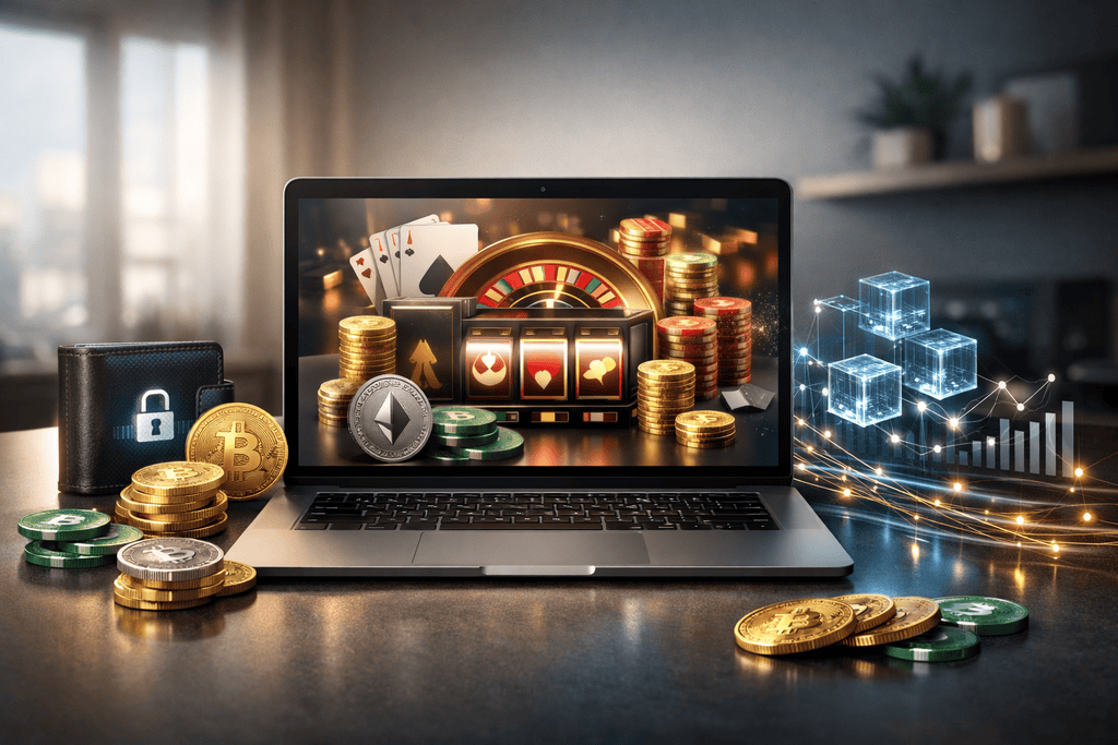 Modernes Hero-Bild zu Krypto Casinos mit Laptop auf aufgeräumtem Schreibtisch, abstrakter Casino-Oberfläche, Bitcoin-, Ethereum- und USDT-Symbolen, Blockchain-Elementen und digitaler Zahlungsästhetik, klare Komposition mit viel Freiraum für Text-Overlay.