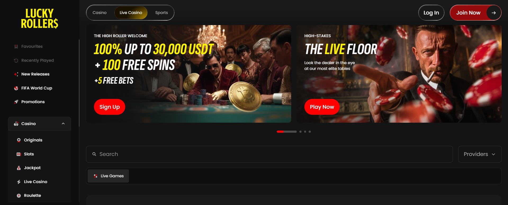 Startseite von Lucky Rollers mit dunklem Design, gelben und roten Akzenten, Promotions für High Roller und Live Casino, inklusive Bitcoin-Symbol und exklusiven Angeboten für Krypto Casinos.